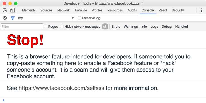 Facebook self-XSS warning message